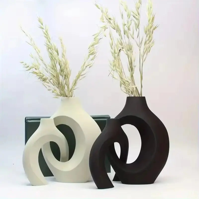 Nordic Modern Hollow Vase Set of 2 Minimalist Ceramic Flower Pot Interlocking Design Wabi Sabi Home Decor Ornament Gift for Her Living Room Entryway