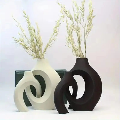 Nordic Modern Hollow Vase Set of 2 Minimalist Ceramic Flower Pot Interlocking Design Wabi Sabi Home Decor Ornament Gift for Her Living Room Entryway