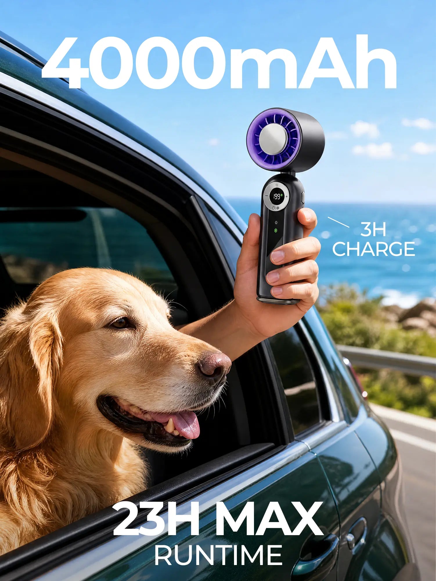199 Speed Portable Ice Cooling Fan, Foldable Adjustable Handheld Fan, 4000Mah Rechargeable Battery up to 23H Runtime, Digital LCD Display, Built-In Flashlight, Personal Fan Support Handheld/Neck/Desktop for Travel Outdoor Office