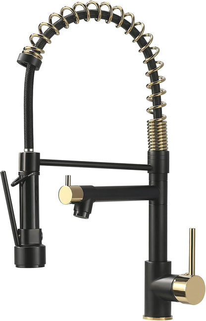 Black and Gold Kitchen Faucet,Pull down Sprayer,Matte Black | Single Handle,Single Hole Kitchen Sink Faucet,360° Swivel,Farmhouse RV Laundry