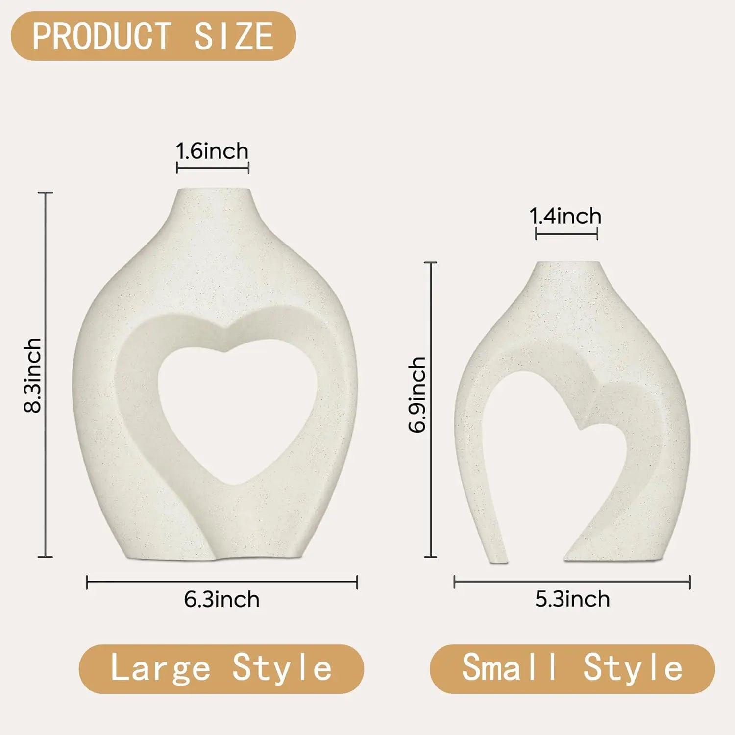 Heart-Shaped White Ceramic Vases, Set of 2, Nordic Minimalist Decorative Vases for Table Centerpiece, Wedding, Dining, Living Room, Office, and Home Decor.