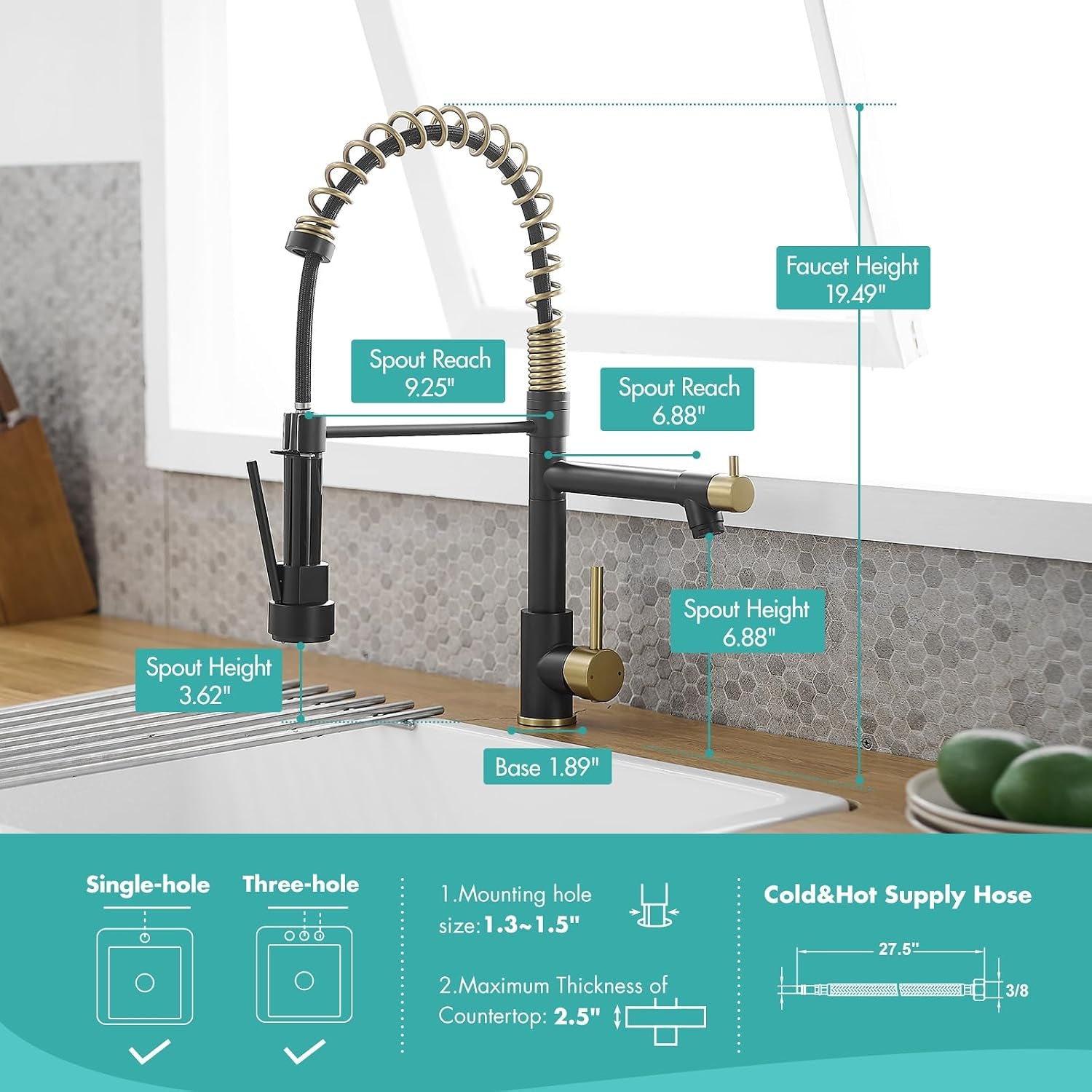 Black and Gold Kitchen Faucet,Pull down Sprayer,Matte Black | Single Handle,Single Hole Kitchen Sink Faucet,360° Swivel,Farmhouse RV Laundry