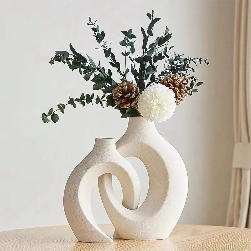 Nordic Modern Hollow Vase Set of 2 Minimalist Ceramic Flower Pot Interlocking Design Wabi Sabi Home Decor Ornament Gift for Her Living Room Entryway