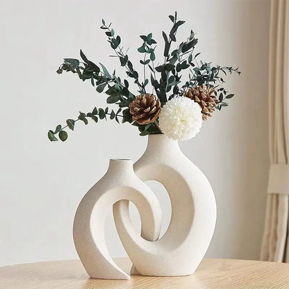 Nordic Modern Hollow Vase Set of 2 Minimalist Ceramic Flower Pot Interlocking Design Wabi Sabi Home Decor Ornament Gift for Her Living Room Entryway