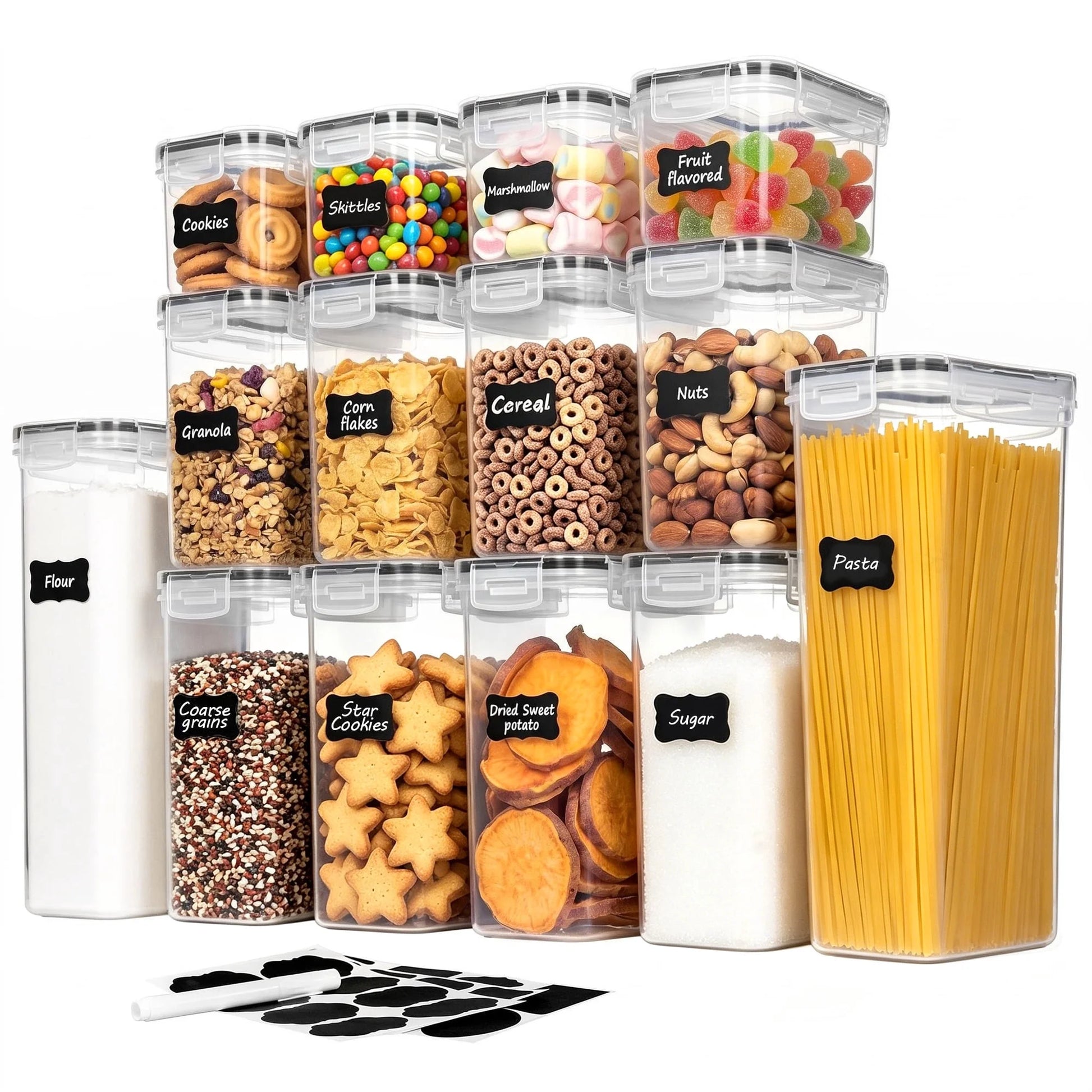 Airtight Food Storage Containers Set, 14Pcs Plastic Kitchen and Pantry Organization Canisters, Black
