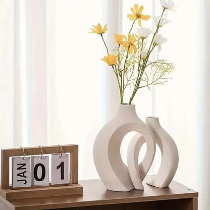 Nordic Modern Hollow Vase Set of 2 Minimalist Ceramic Flower Pot Interlocking Design Wabi Sabi Home Decor Ornament Gift for Her Living Room Entryway