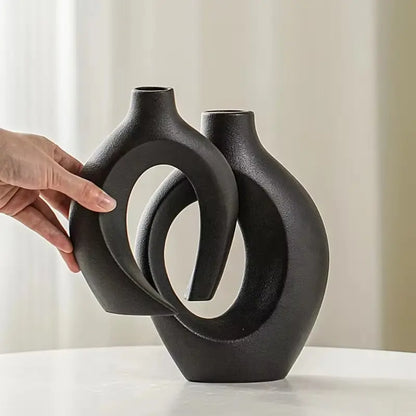 Nordic Modern Hollow Vase Set of 2 Minimalist Ceramic Flower Pot Interlocking Design Wabi Sabi Home Decor Ornament Gift for Her Living Room Entryway