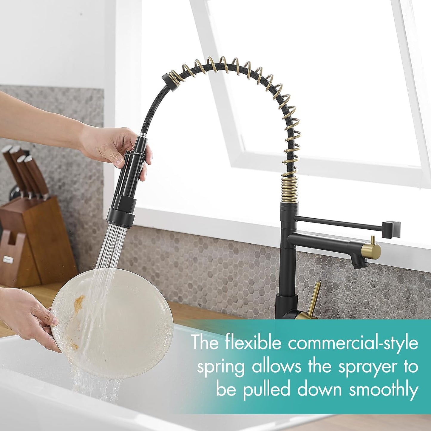 Black and Gold Kitchen Faucet,Pull down Sprayer,Matte Black | Single Handle,Single Hole Kitchen Sink Faucet,360° Swivel,Farmhouse RV Laundry
