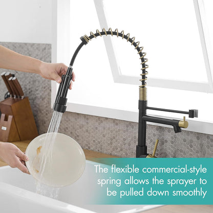 Black and Gold Kitchen Faucet,Pull down Sprayer,Matte Black | Single Handle,Single Hole Kitchen Sink Faucet,360° Swivel,Farmhouse RV Laundry