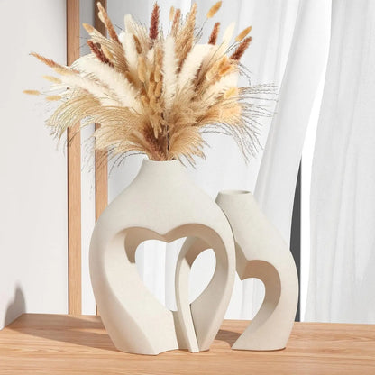 Heart-Shaped White Ceramic Vases, Set of 2, Nordic Minimalist Decorative Vases for Table Centerpiece, Wedding, Dining, Living Room, Office, and Home Decor.