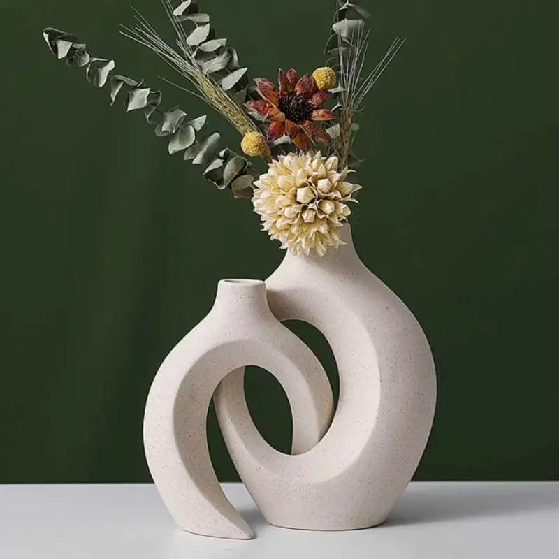 Nordic Modern Hollow Vase Set of 2 Minimalist Ceramic Flower Pot Interlocking Design Wabi Sabi Home Decor Ornament Gift for Her Living Room Entryway