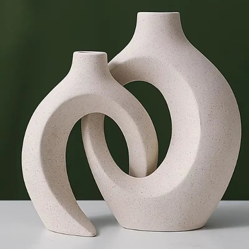 Nordic Modern Hollow Vase Set of 2 Minimalist Ceramic Flower Pot Interlocking Design Wabi Sabi Home Decor Ornament Gift for Her Living Room Entryway