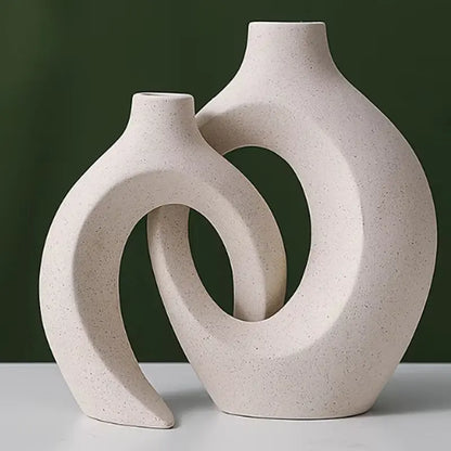 Nordic Modern Hollow Vase Set of 2 Minimalist Ceramic Flower Pot Interlocking Design Wabi Sabi Home Decor Ornament Gift for Her Living Room Entryway