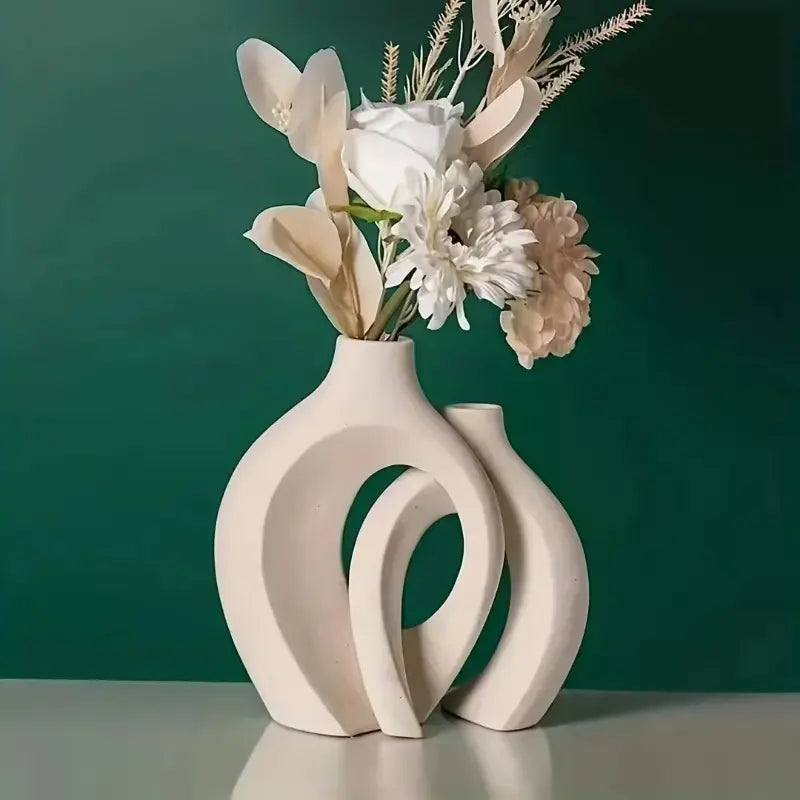 Nordic Modern Hollow Vase Set of 2 Minimalist Ceramic Flower Pot Interlocking Design Wabi Sabi Home Decor Ornament Gift for Her Living Room Entryway