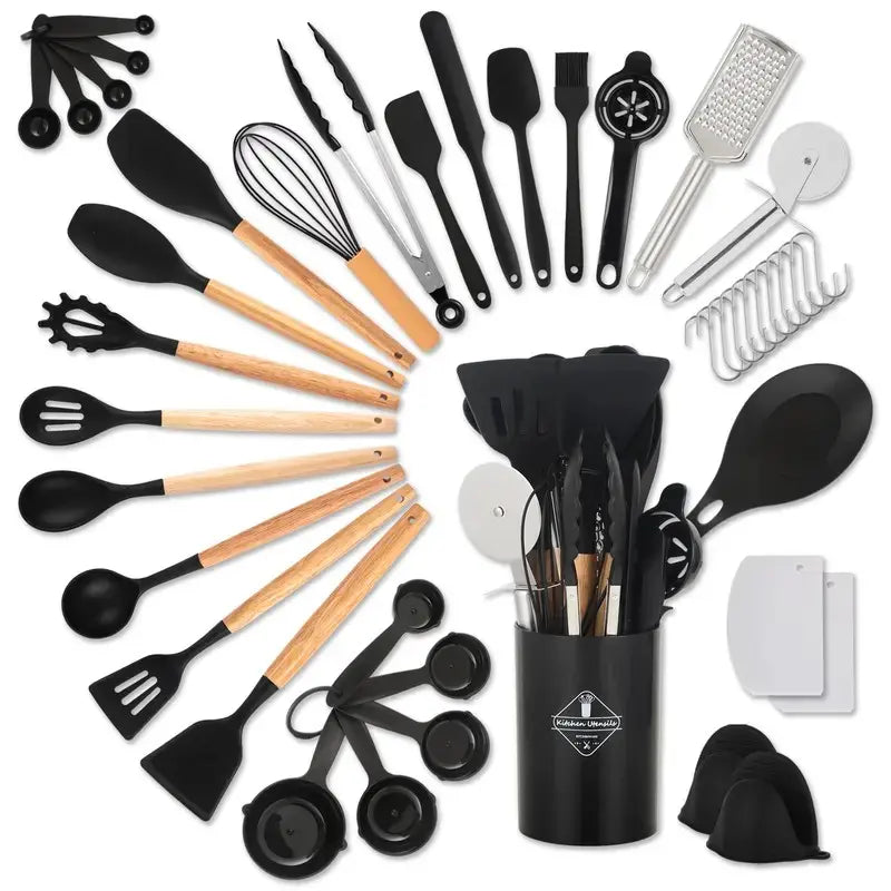 24-Piece Durable Kitchen Cooking Utensil Set - Versatile Heat-Resistant Black Silicone Tools with round Shape Wooden Handles, Solid Spoon, Heat Resistant/Flexible/Flat Spoon Spatulas & Turners for Home Culinary Tasks, Heat Resistant Spatulas & Turners